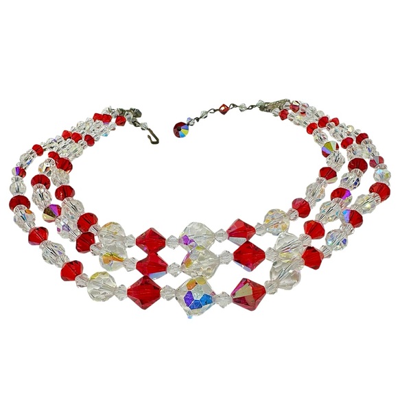 Vintage 3 Strand Ruby Red & Clear Aurora Borealis Crystal Necklace - Picture 3 of 7